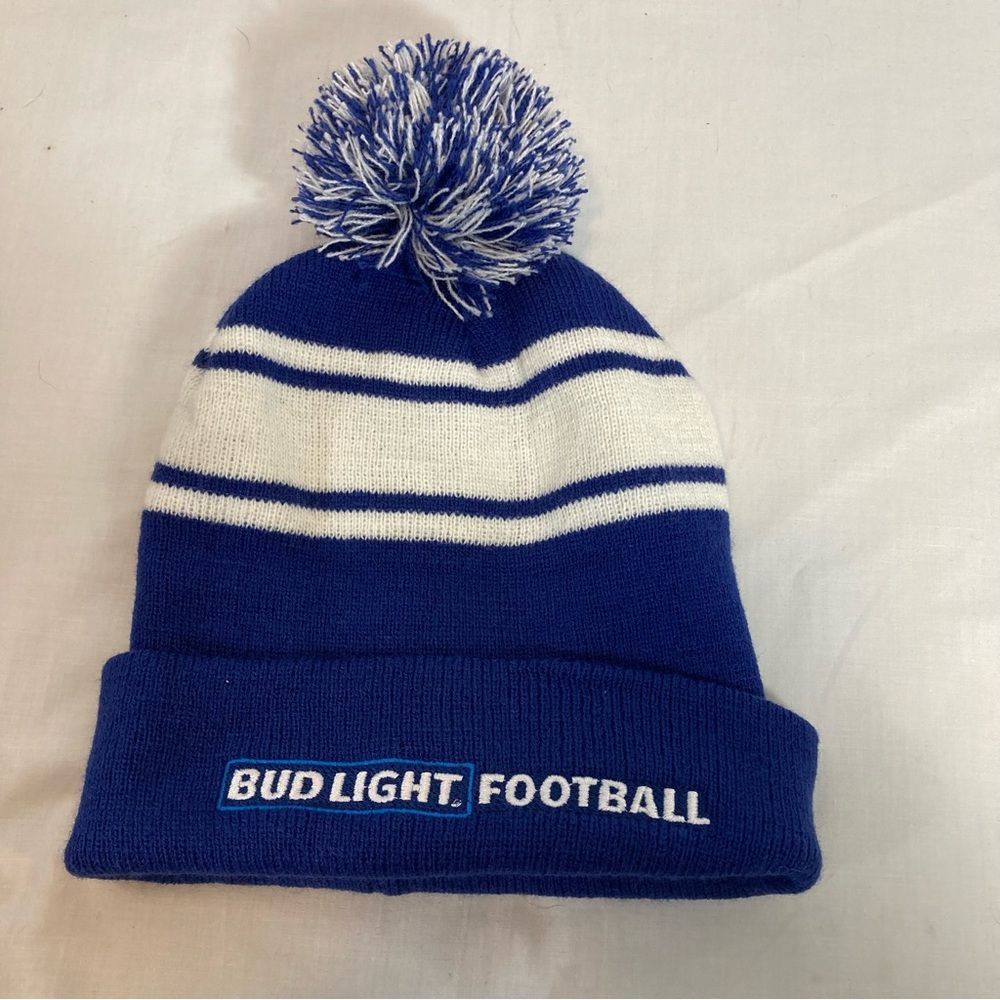 Bud Light Football Pom Pom Knit Hat Blue White Embroidered NFL Beanie Beer